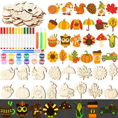 Relaxweex 24 Pcs Fall DIY Wooden Magnets, Thanksgiving Autumn Wood Painting Art Crafts, Pumpkin Fridge Magnets Craft Kits for Activities Gifts Home Party