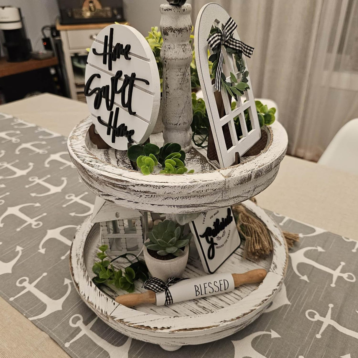 Houmury Set of 16 Farmhouse Tiered Tray Decor with 1 Lantern Artificial Plant& Cutting Board Sign for Rustic Home Kitchen Decor Tier Tray Decor Set (Tiered Tray Not Included) Houmury