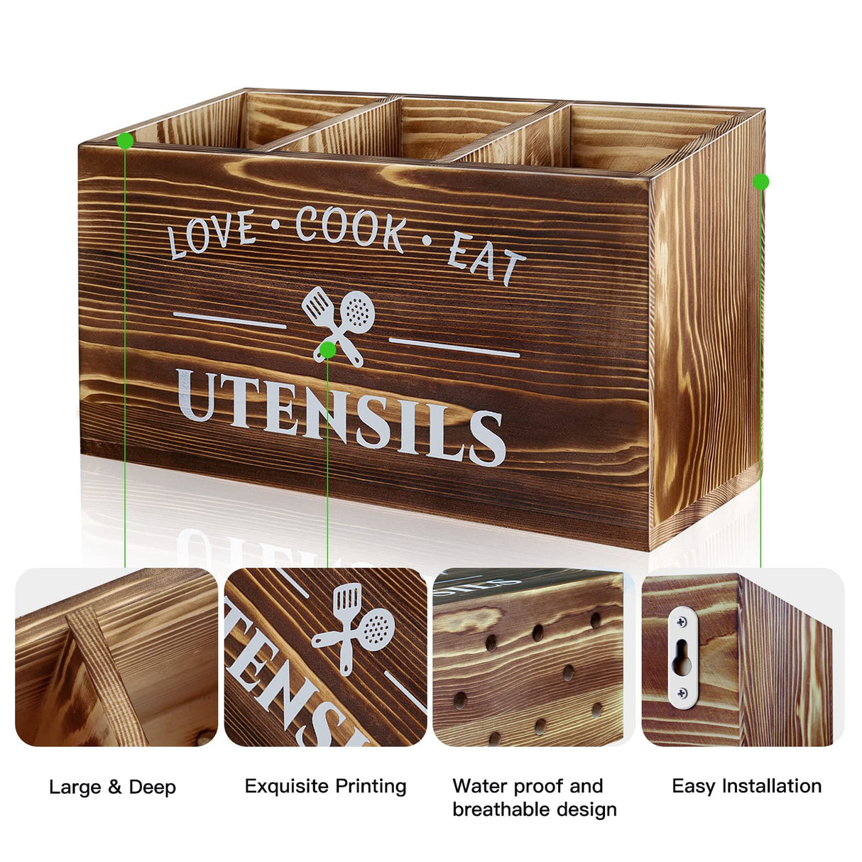 MINCORD Brown Utensil Holder Rustic Utensil Caddy Utensil Crocks with 3 Compartments for Kitchen Counter, Farmhouse Wood Flatware Utensil Organizer Storage Box for Silverware Fork Spoon Spatula MINCORD