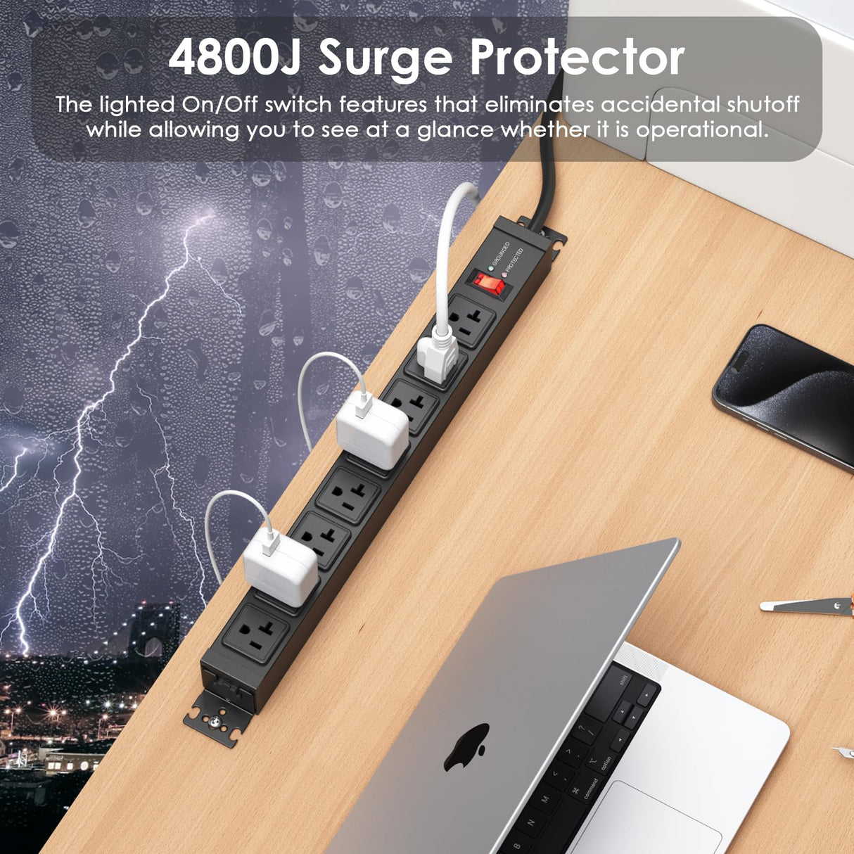 JUNNUJ 20 Amp Power Strip Surge Protector 4800J, Heavy Duty 8 Outlet Metal Multi Angle Mount, 20A Garage Power Strip Shop 6-20R T-Slot, 5-20P Plug 12 Gauge Extension Cord 6ft for Appliance JUNNUJ