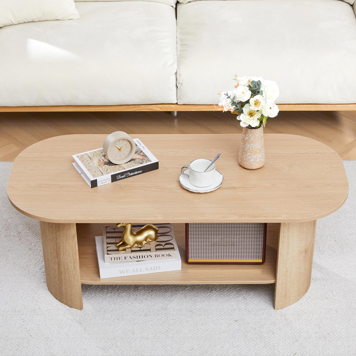 MAHYIZYI 43.3” Oval Coffee Tables for Living Room, Wood Farmhouse Coffee Table with Storage, 2-Tier Center Table with Storage Shelf Low Tea Table for Small Space, Home, Office (Natural) MAHYIZYI