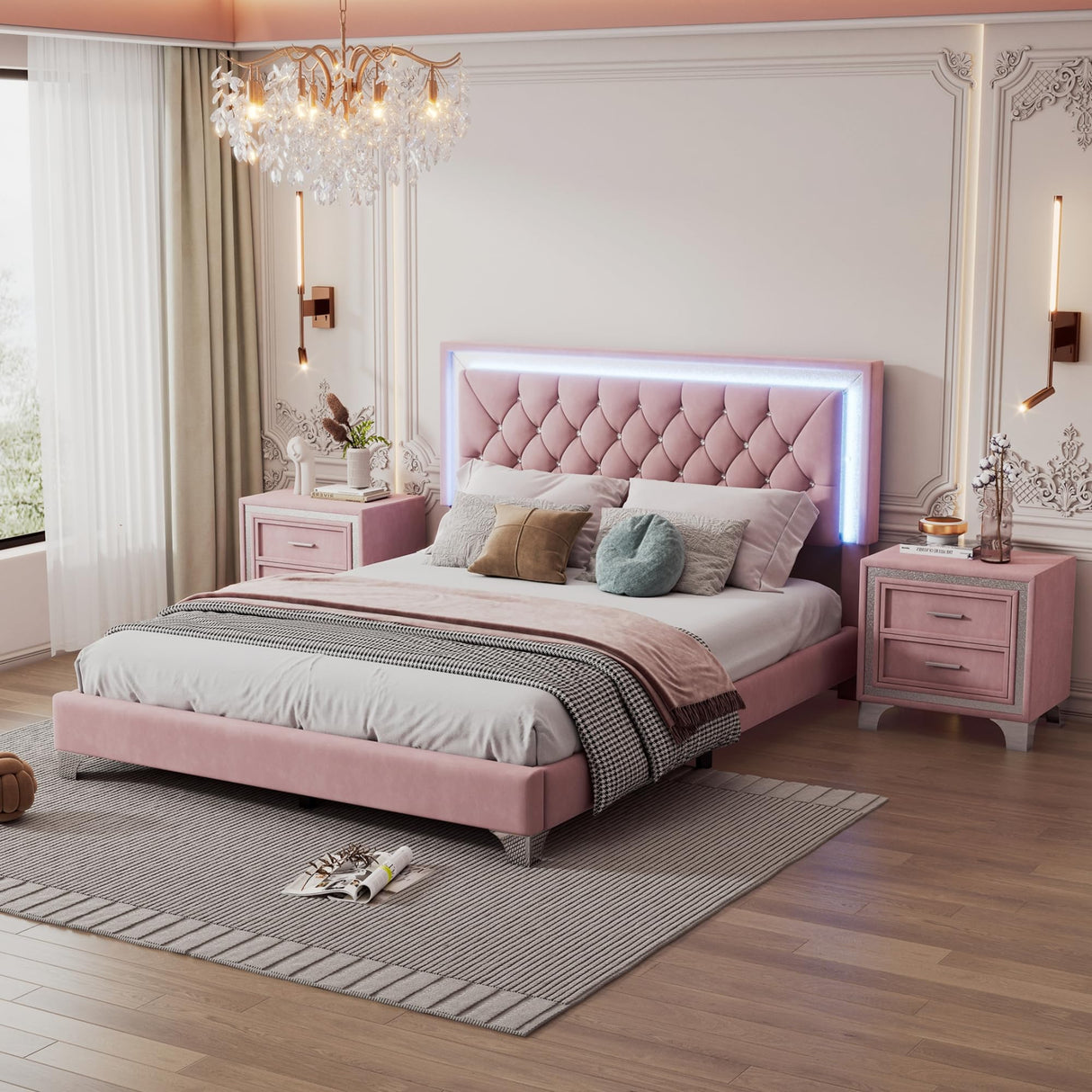 Flieks 3-Piece Pink Bedroom Set with Queen Upholstered Platform Bed and LED Lights, Including 2 Nightstands Flieks