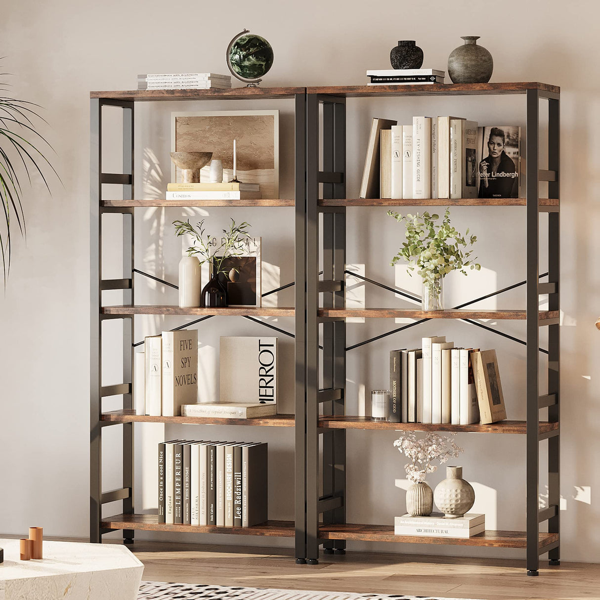 IRONCK Bookshelves and Bookcases, 31.5in Wide Shelf 5-Tier Ladder Shelf 110lbs/shelf Vintage Industrial Style Bookcase for Bedroom Living Room Home, Vintage Brown IRONCK