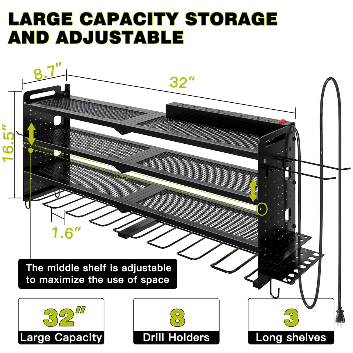 NattyDot Power Tool Organizer Wall Mount with Charging Station,Cordless Tool Organizer 8 Drill Holder, 4 Layer Storage Rack for Garage Organization,Tool Holder with 8 Outlet Power Strip (Black) NattyDot