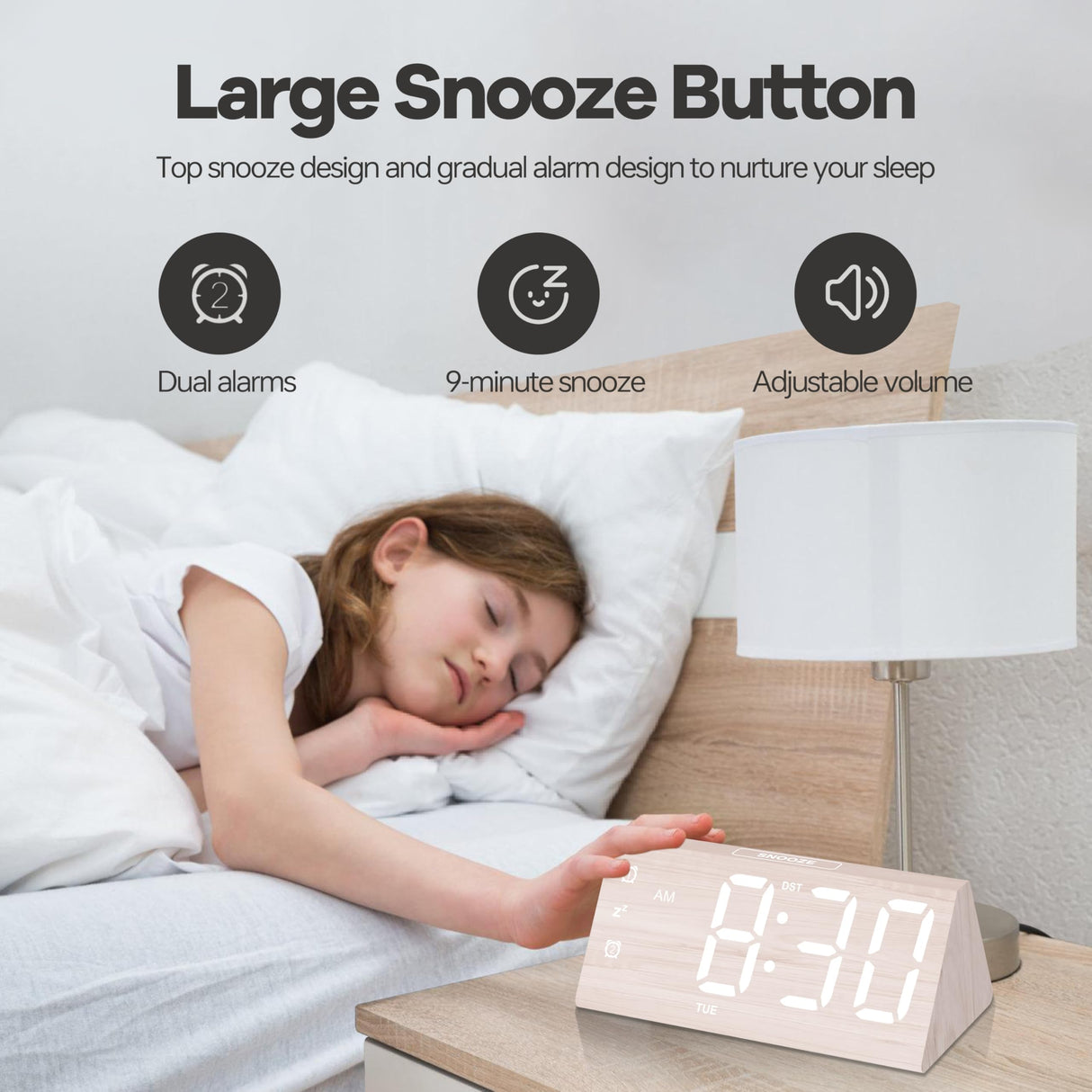 JALL Wooden Digital Alarm Clocks for Bedrooms, Large Bold Digits Electric Desk Clock, with Dual Alarm, USB Port, DST, Auto Dimmer for Wood Decor, Bedside, Gift, White JALL