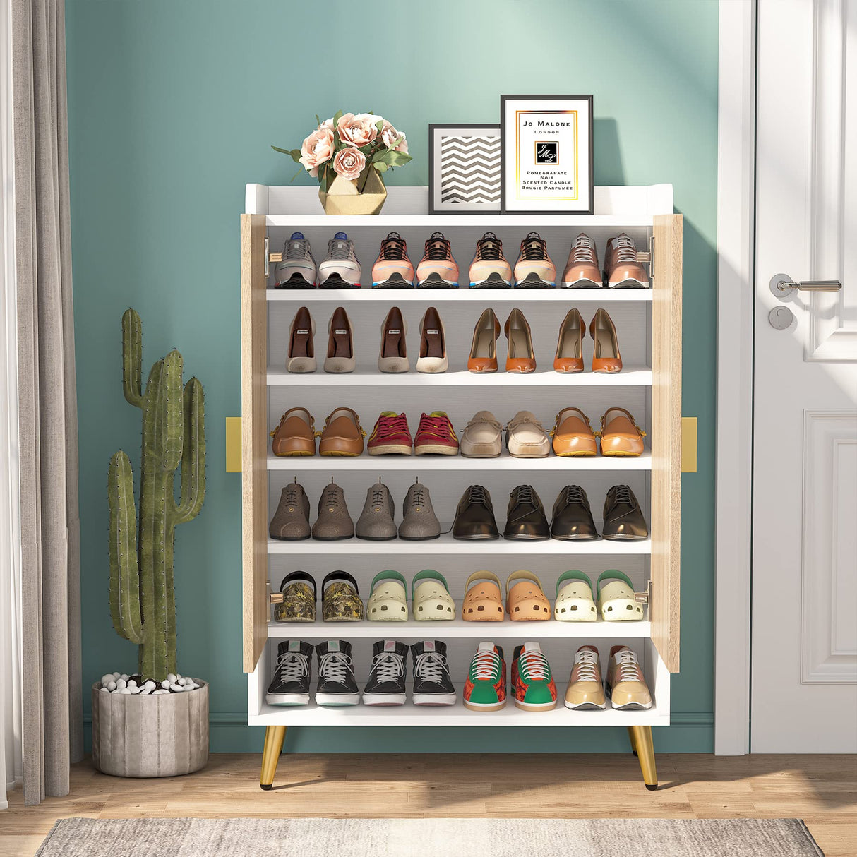 Tribesigns Shoe Cabinet with Doors, 7-Tier Shoe Storage Cabinet with Adjustable Shelves, Wooden Shoes Rack Shoe Storage Organizer for Entryway, Hallway, Closet, Living Room, Wood and Gold Tribesigns
