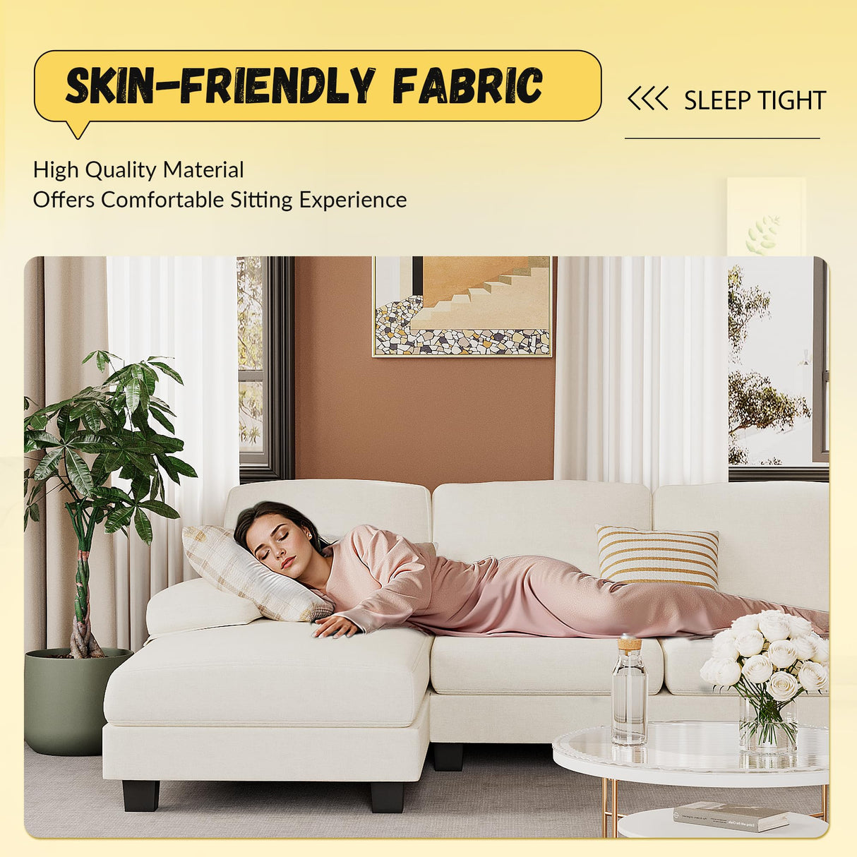 JUMMICO Sectional Couches for Living Room, U Shaped Couch with Chenille Fabric, 4 Seat Modern Sofa with Removable Pillows for Apartment and Small Space (Fabric, White) JUMMICO