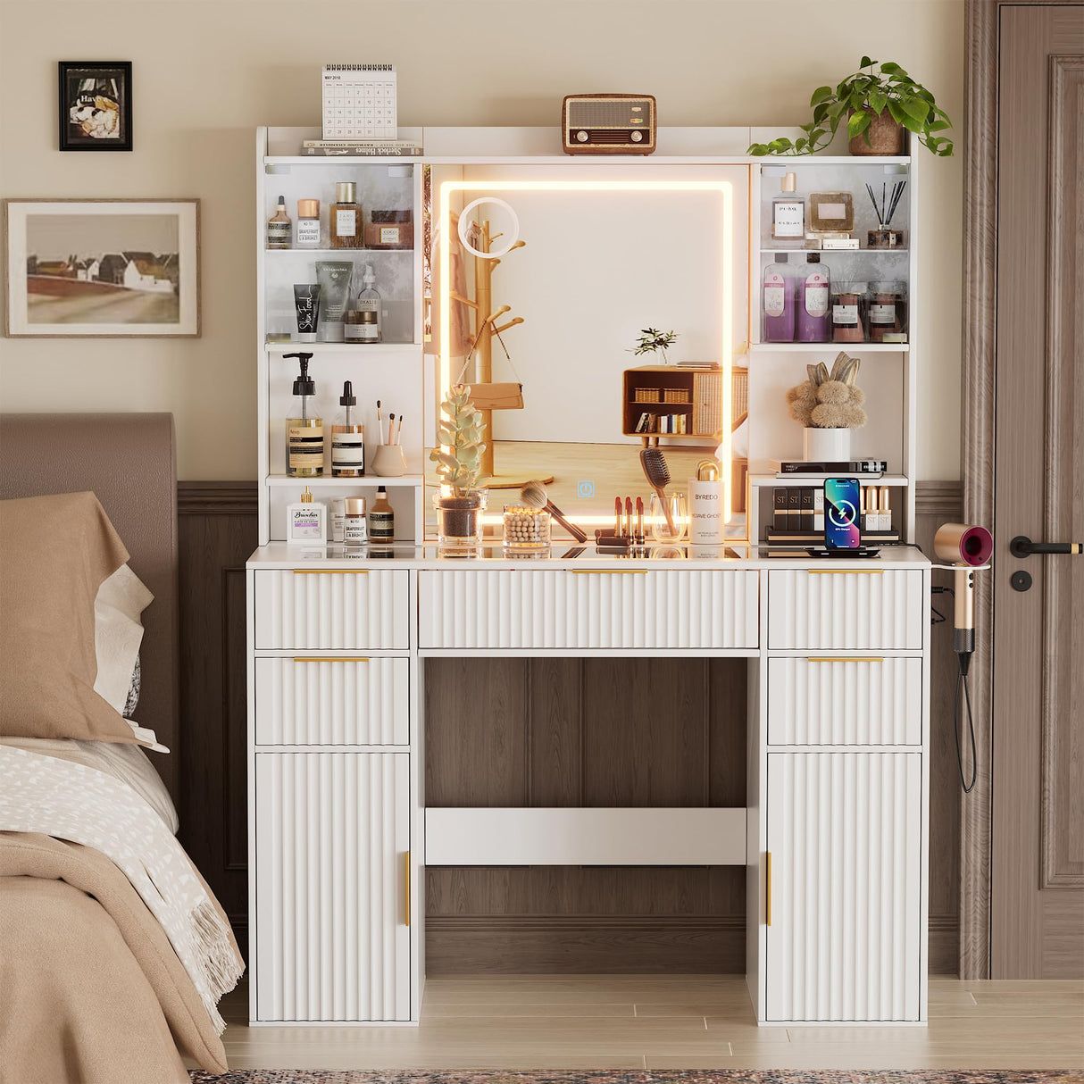 PAKASEPT Vanity Desk with Mirror and Lights, Fluted Makeup Vanity Desk with Lights 3 Colors, Glass Top Vanity with 16 RGB Colors Cabinet, 2 Shelves & 5 Drawers & Power Outlet for Bedroom PAKASEPT