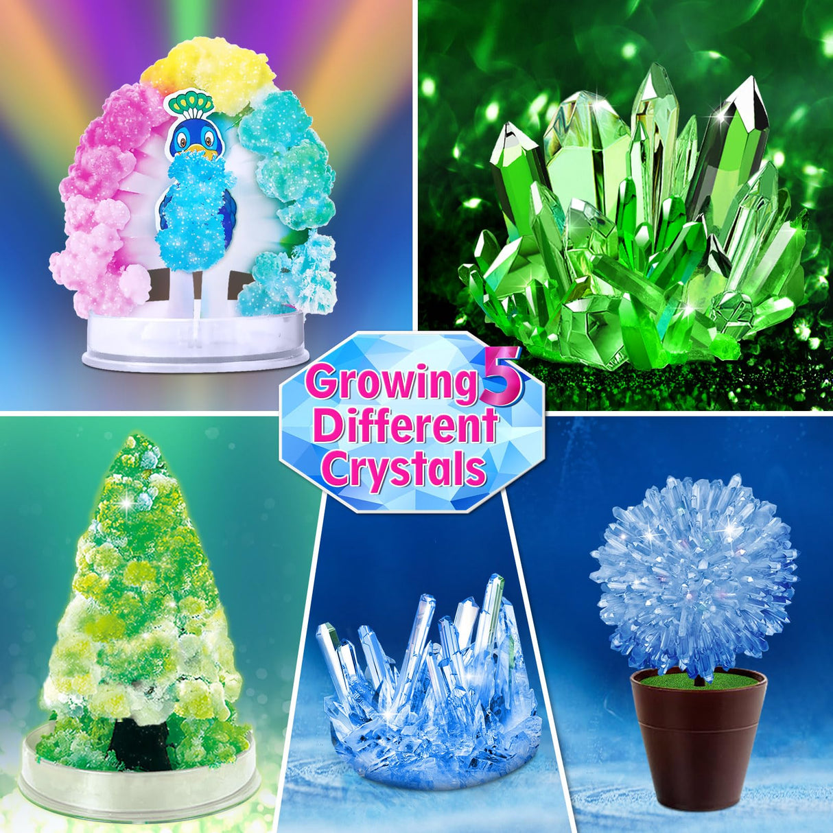 UNGLINGA Crystal Growing Experiment Science Kits for Kids, S.T.E.M Projects Learning Educational Toys Gifts Idea for Boys Girls, Grow 5 Vibrant Crystals Making Kit UNGLINGA