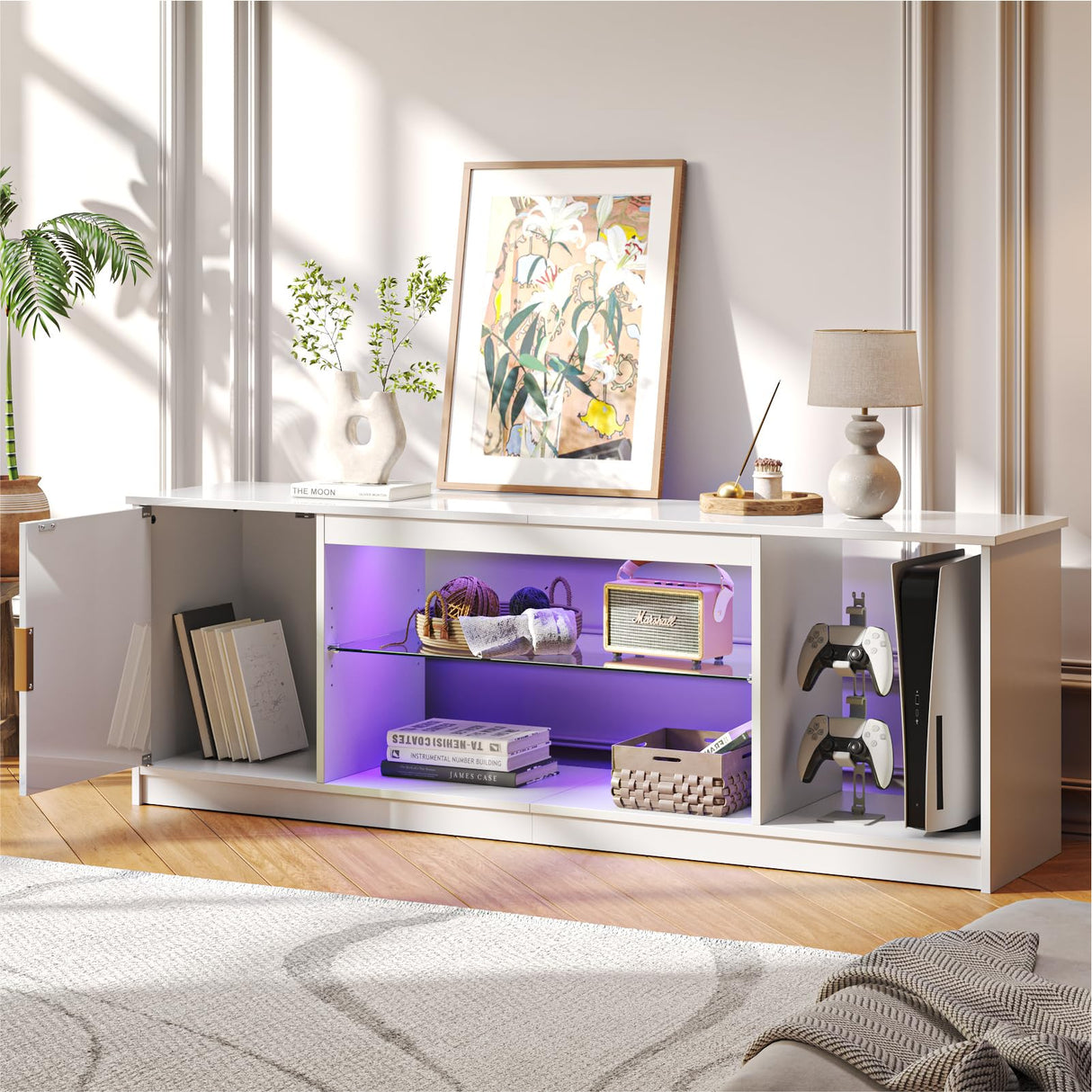 Bestier LED TV Stand for 55/60/65 Inch TV, Gaming Entertainment Center with Cabinet for PS5, Xbox, Fluted TV Console with Adjustable Glass Shelves for Living Room, Bedroom 57 Inch,Bright White Bestier