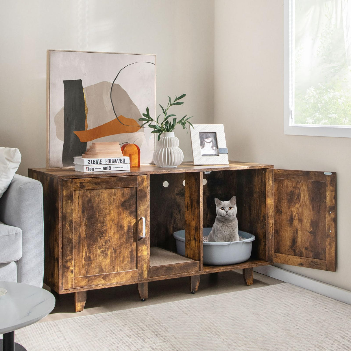 Tangkula Double Cat Litter Box Enclosure for 2 Cats, Large Stackable Hidden Privacy Cat Washroom Cabinet with Scratching Board, Indoor Cat House TV Stand, Litter Box Furniture (Rustic Brown) Tangkula