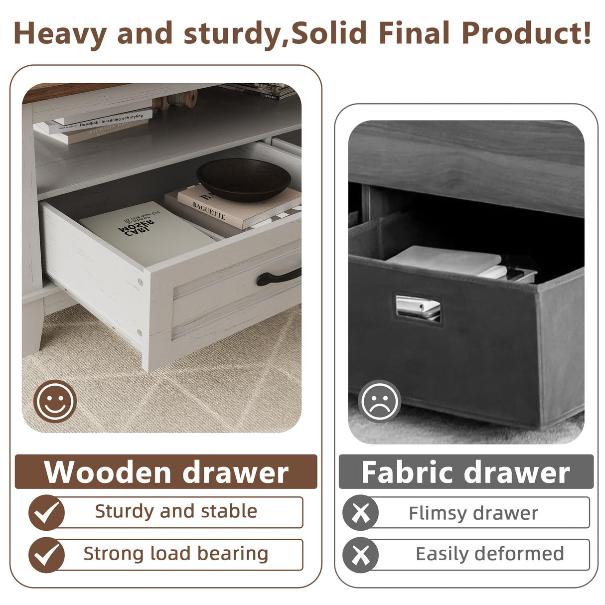 GarveeHome Farmhouse Coffee Table with Drawers, 47.2" Center Table Rustic Coffee Tables White Brown Living Room Table, with Open Shelf and 6 Support Legs GarveeHome