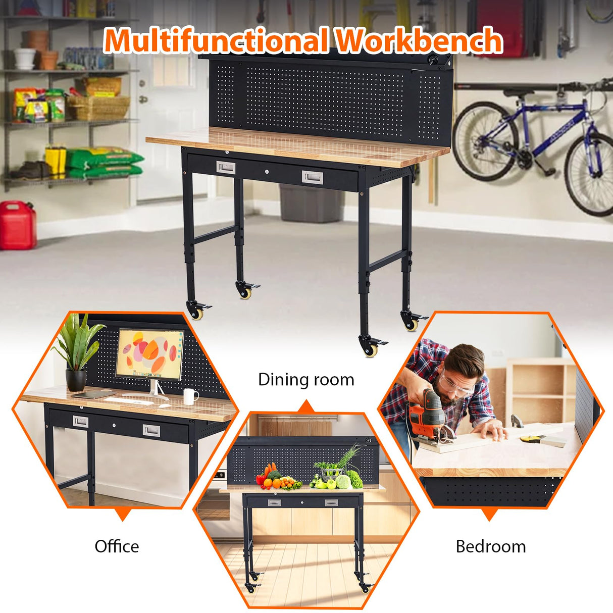 Garvee Adjustable Workbench for Garage, 60x22 inch Rubber Wood Top Workstation with Pegboard, Universal Wheels and Drawer, 2000 Lbs Load Capacity Shop Table with Power Outlets for Workshop Garvee