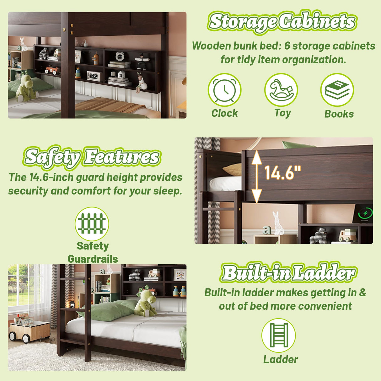 OYUMOENTS Queen Over Queen Bunk Bed, Solid Pine Wood Bunk Bed with Built-in Storage Cabinets, Charging Station, Ladder,Safety Guardrails, No squeaking for Teens & Adults, Brwon OYUMOENTS