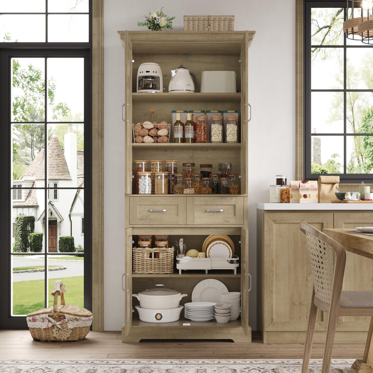 FACBOTALL Kitchen Pantry Storage Cabinet, 71" Tall Storage Cabinet with 4 Doors and 2 Drawers, Utility Kitchen Pantry with Adjustable Shelves for Dining Room Living Room,Light Oak FACBOTALL