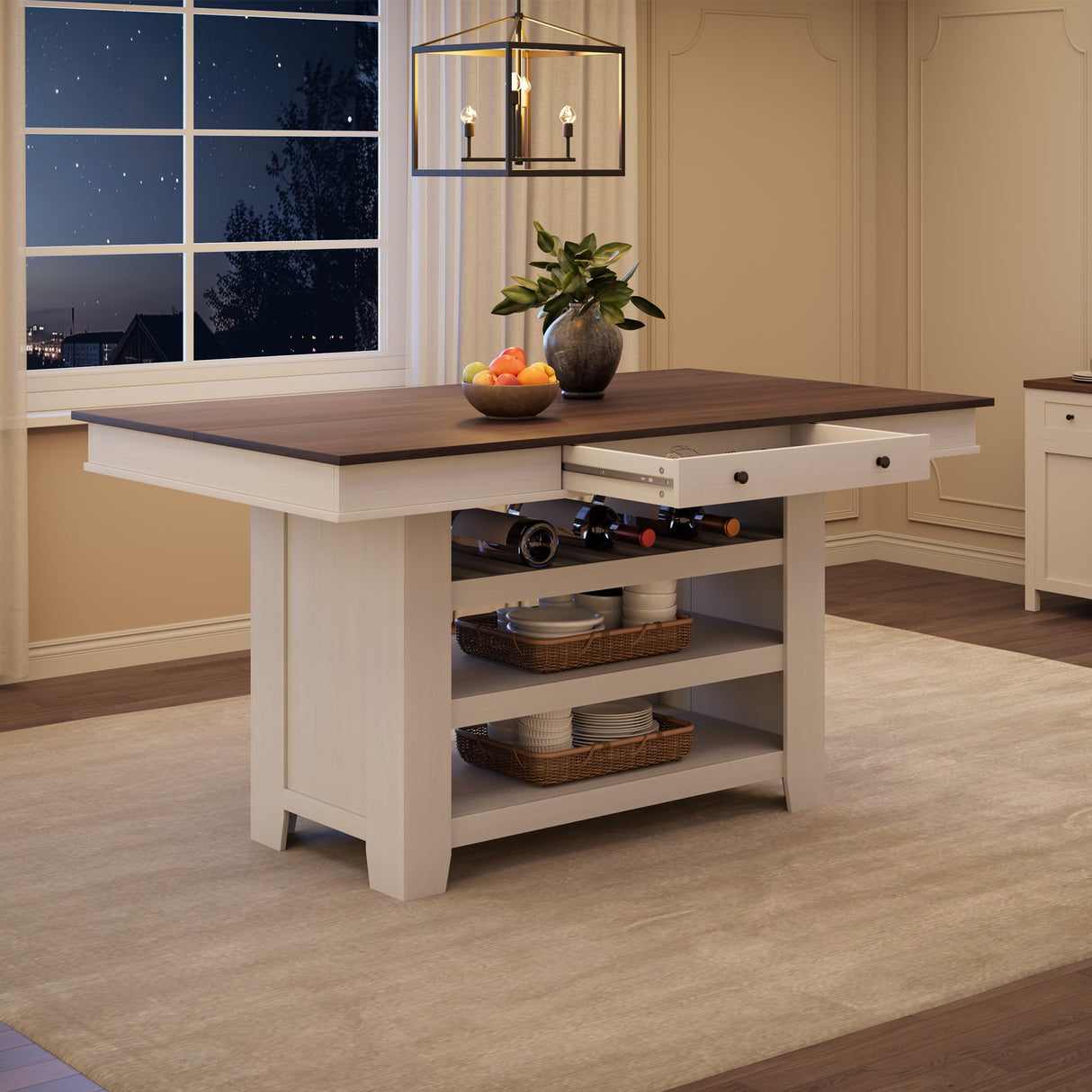 GAOMON 60" Counter Height Dining Table for 4, Farmhouse Rectangular Tall Bar Height Kitchen Dining Table & Thick Table Top, with Deepened Wine Rack & Shelves for Kitchen, Bar,Retro White & Brown GAOMON