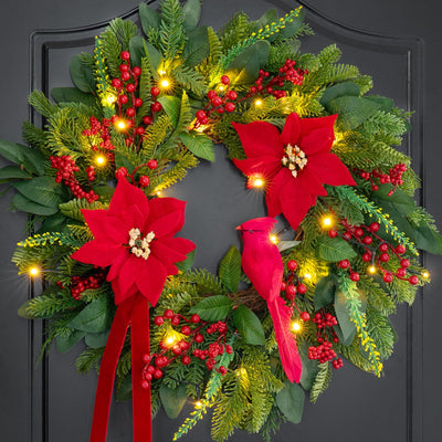 Pinkpuii Pre-Lit Christmas Wreaths for Front Door 24 Inch Christmas Wreath with Lights,Large Winter Wreath with Cardinal Birds,Poinsettia,Green Evergreen Pine Needles Red Berries Holiday Wreath Decor