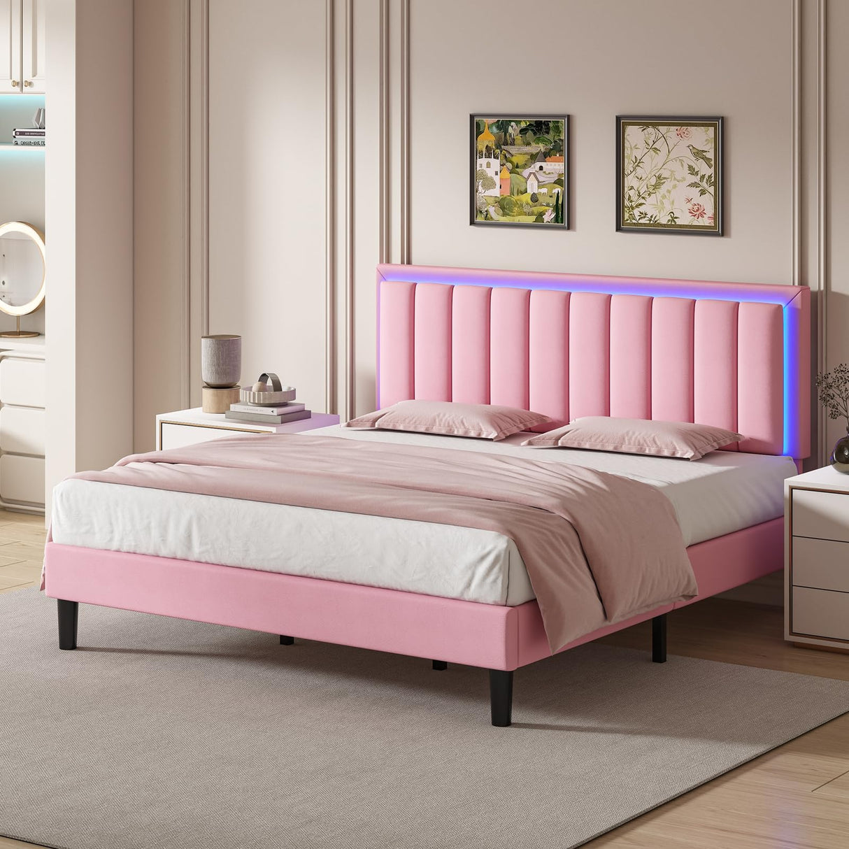 BarnFurin Pink King Size Bed Frame with LED Lights and Upholstered Headboard BarnFurin