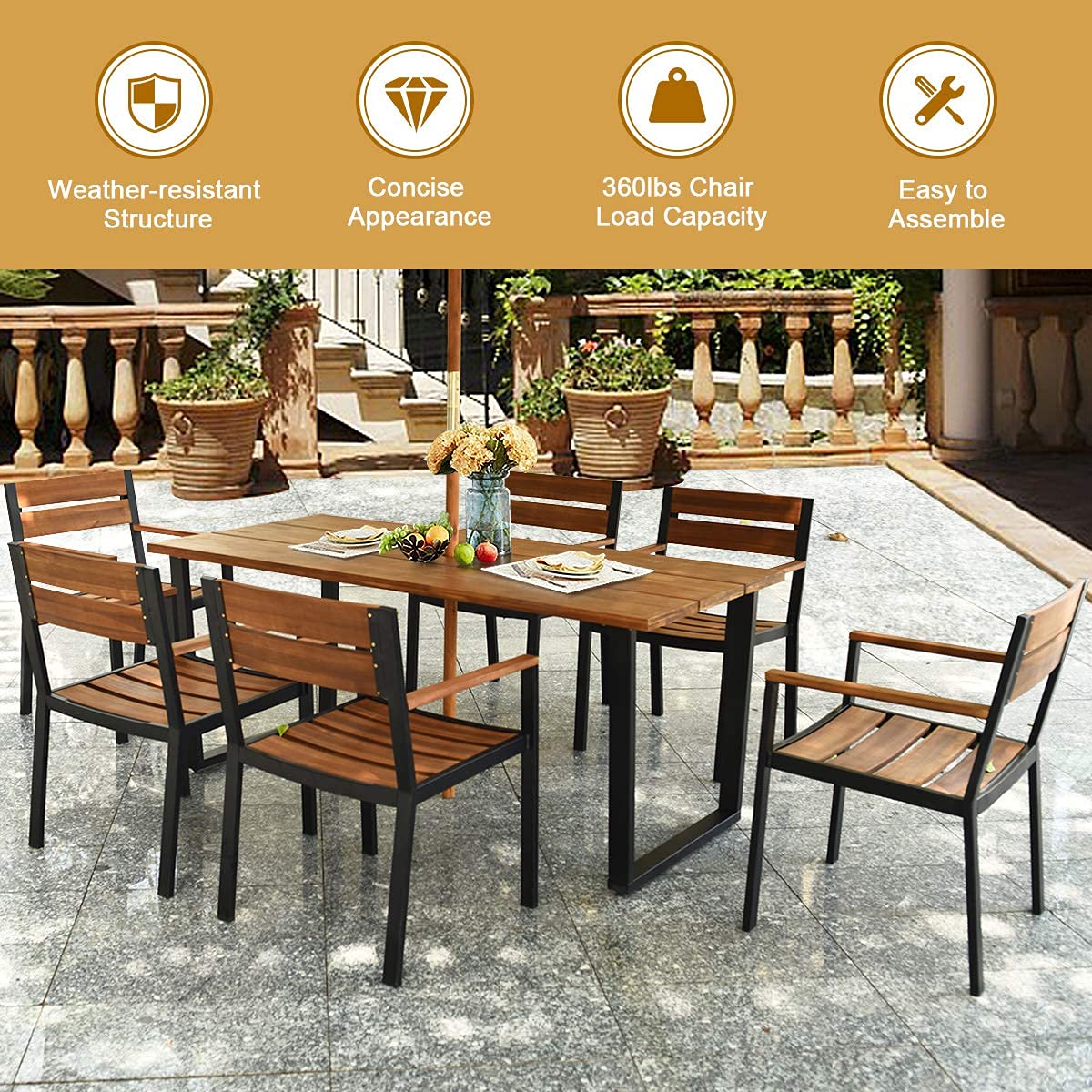 HAPPYGRILL 7 Piece Patio Dining Set Outdoor Dining Furniture with 6 Armchair Heavy Duty Steel Frame Acacia Wood Table Top Umbrella Hole Patio Furniture Set for Backyard Garden Poolside HAPPYGRILL