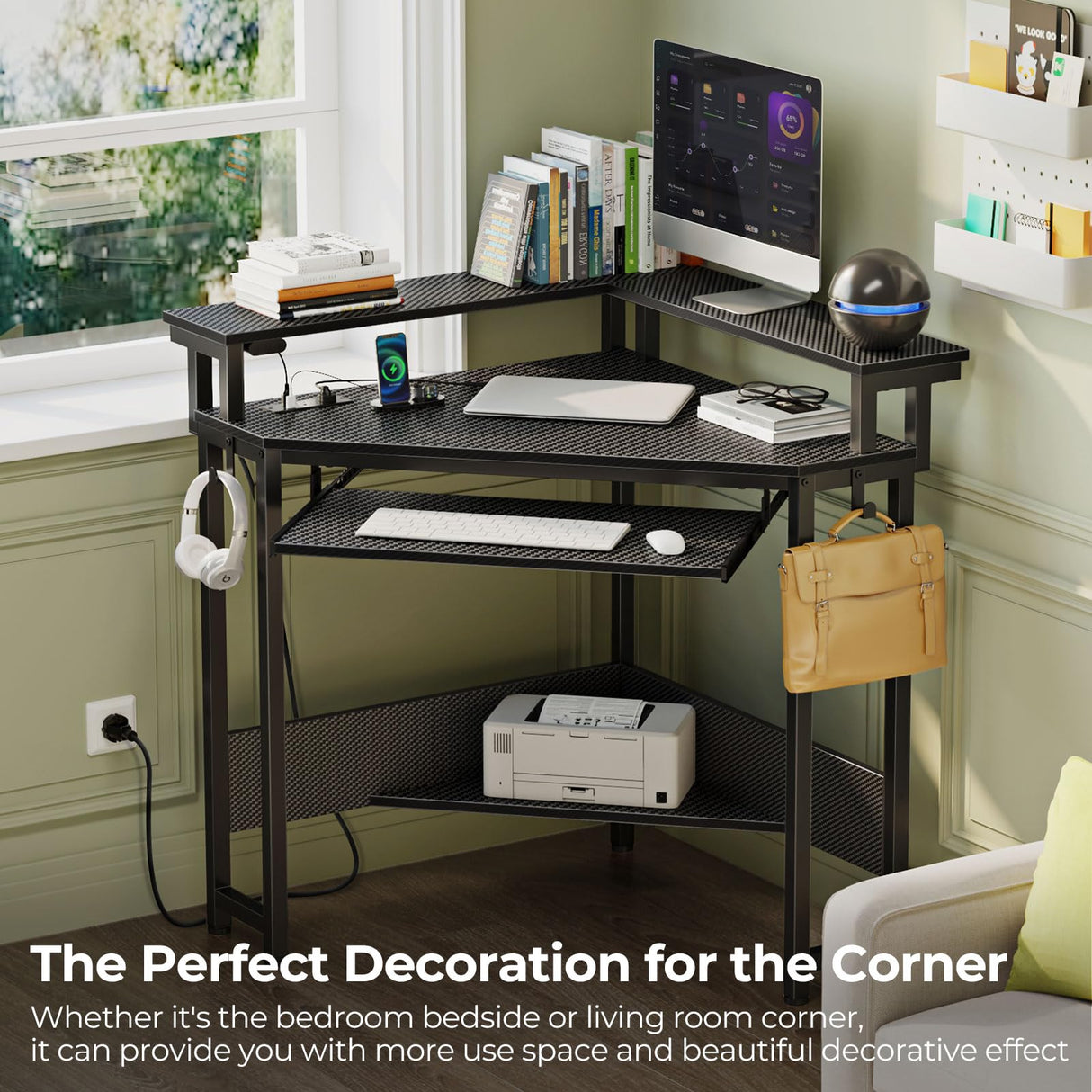 Rolanstar Corner Desk, 44.5" W x 34.5" H Small Carbon Fiber Computer Desk with Power Outlets, LED Lights and Keyboard Tray, Small Office Computer Desk with Monitor Stand for Small Space, Carbon Black Rolanstar