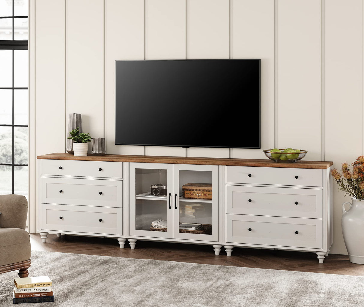 WAMPAT TV Stand for 100 Inch TV, Wood TV Console Table for 75/80/85/90 Inch TV, Entertainment Center with Glass Door & Drawer, Kitchen Sideboard Buffet Cabinet for Dining Room, Off White WAMPAT