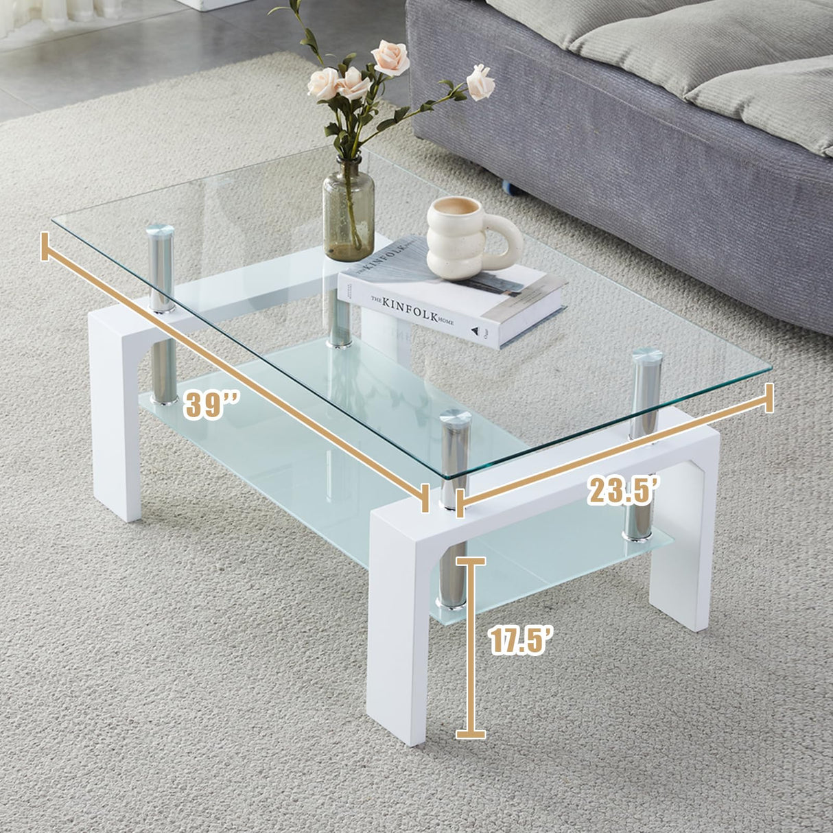 Kebynti Coffee Table - Rectangle Glass Coffee Table with Simple and Classical Inspired Design, Easy Assembly for Modern Living, 39.5 * 23.5 * 17.5 inches (White) Kebynti