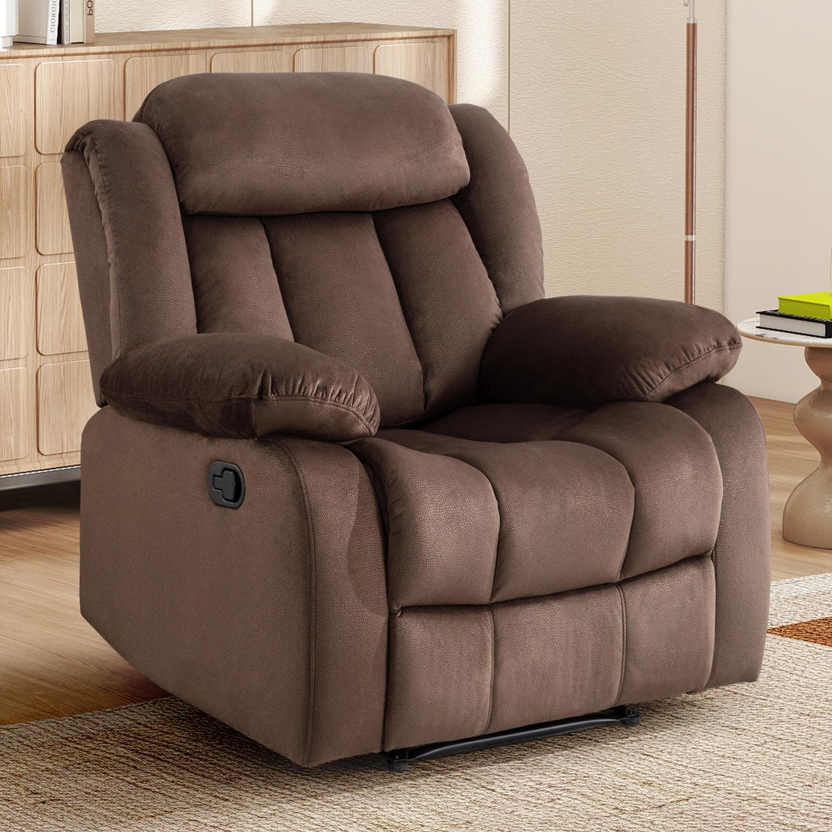 INZOY Manual Recliner Chair with Padded Armrest, Wall-Hugger Single Sofa Recliners with Overstuffed Back, Classical Fabric Reclining Chairs for Living Room Theater Seating, Brown INZOY