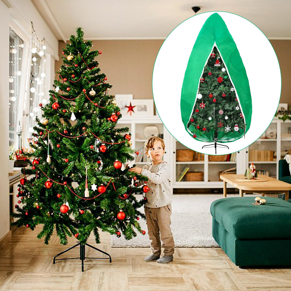 Upright Christmas Tree Storage Bag, Christmas Tree Cover for Up to 9 Foot Standing Artificial Tree with Ornaments, Large Holiday Assembled Xmas Tree Dustproof Bag with Zipper & Drawstring(Green) UYEDUJZ