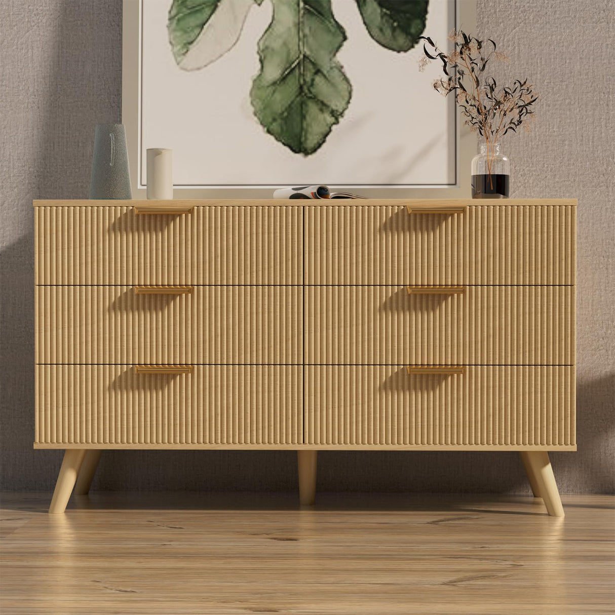 Buenhomino 6 Drawer Dresser for Bedroom, 47" Wide Modern Chest of Drawers with Fluted Design, Dresser TV Stand, Boho Storage Wood Dresser Organizer for Living Room, Hallway, Closet, Entryway Natural Buenhomino