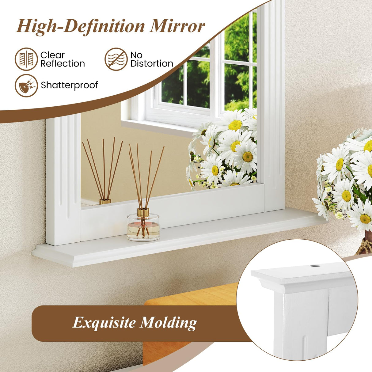 CHARMAID Bathroom Mirror with Shelf - 27" x 22.5" Wall Mirror Over Bathroom Sink, Wooden Frame Modern Rectangular Hanging Vanity Makeup Mirrors for Washroom, Entryway (White,27" L x 22.5" W) CHARMAID