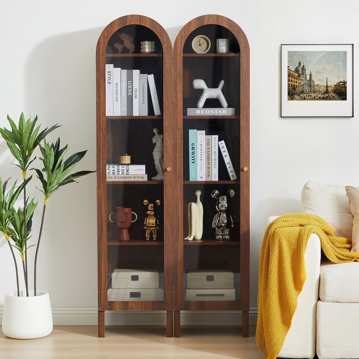 YUCHIATH 66.93" H Arched Bookcase, 5-Tier Arched Cabinet Bookcase with Adjustable Shelves, Accent Display Cabinet with Glass Door for Living Room, Reading Room and Bedroom (Walnut) YUCHIATH