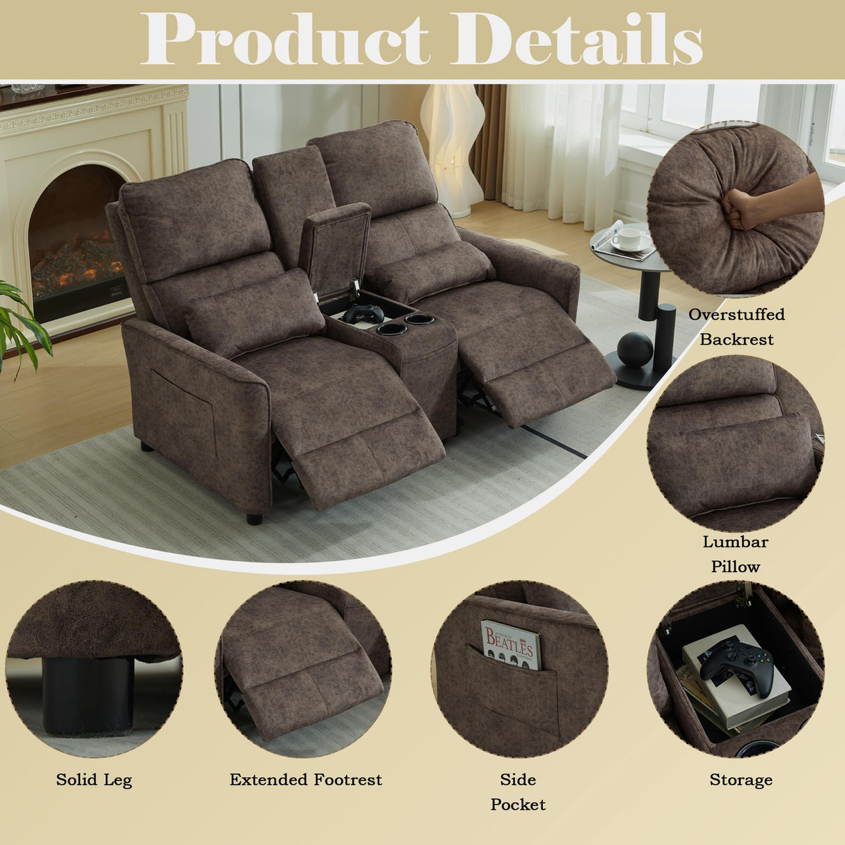 DRMBOOK 63'' RV Loveseat Recliner Sofa, Velvet Fabric Double Camper Couch 2 Seater Recliner with Console, Home Movie Theater Seating Chair, 2 Person Push Back Recliners for Living Room, Brown DRMBOOK