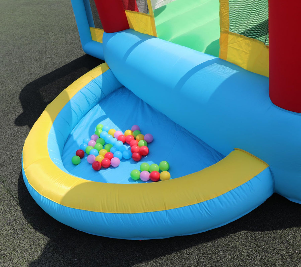 WELLFUNTIME Inflatable Bounce House with Slide, Jumping Castle with Blower and Wave Pool, Basketball Rim, Football Goal WELLFUNTIME