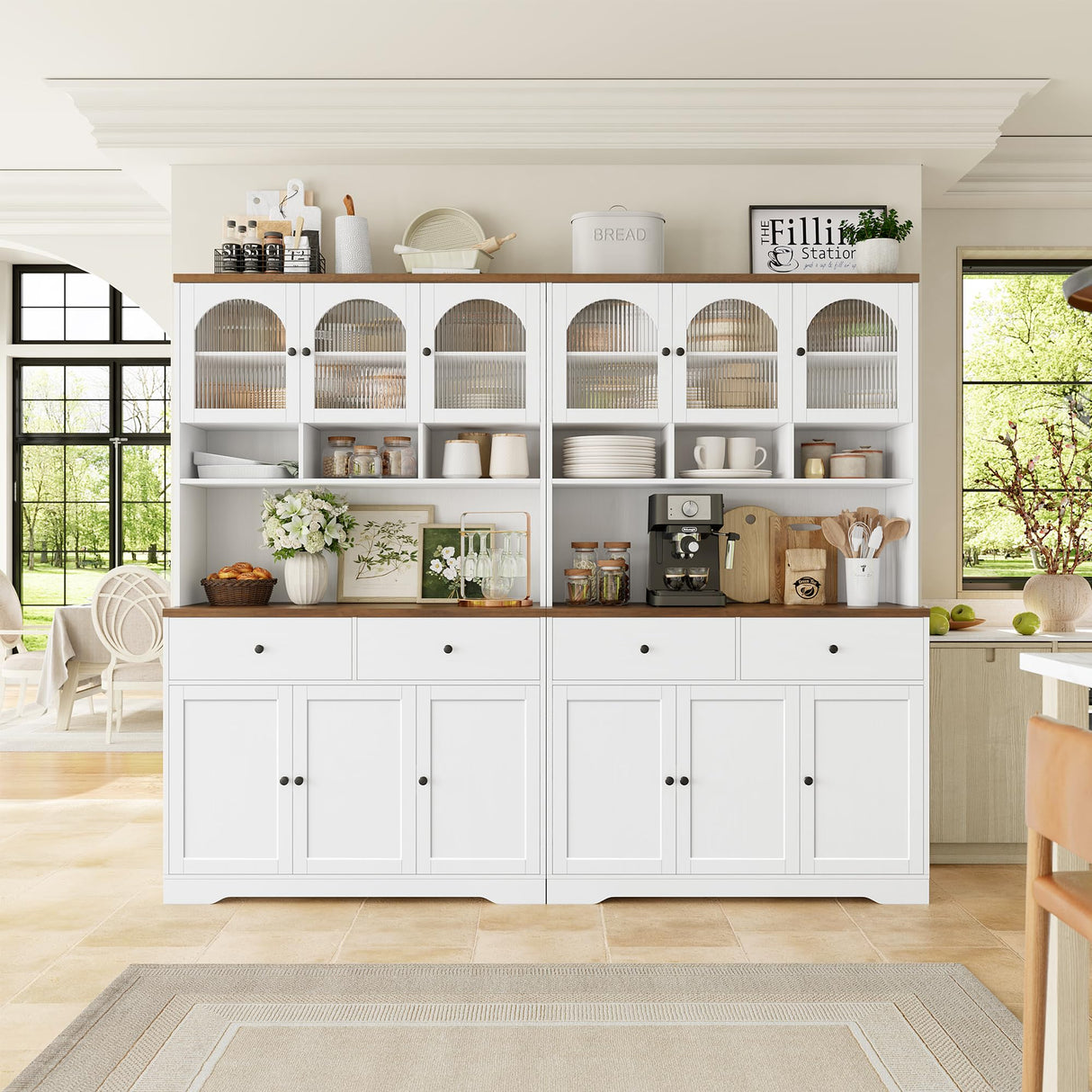 FINETONES 71" Pantry Cabinet, Tall Kitchen Pantry Storage Cabinet with Microwave Stand, Modern Ktichen Hutch Food Pantry with Open Countertop and Adjustable Shelf for Kitchen, Dining Room FINETONES