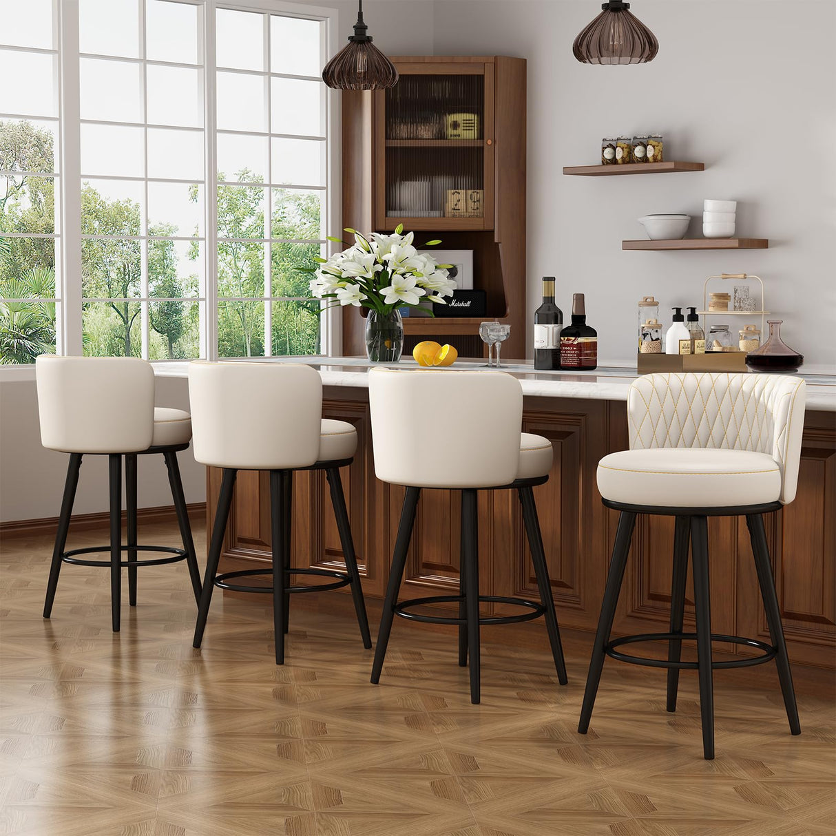 HONIFUR Bar Stools Set of 4, 27 Inch Barstools with Sturdy Legs, Leather Farmhouse Counter Height Bar Stool for Kitchen, Dining, Bar (Beige, Leather) HONIFUR