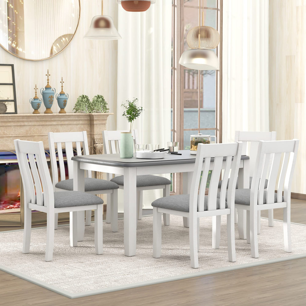 CITYLIGHT 7 Pieces Dining Table Set with Extendable Tabletop and 6 Upholstered Chairs, Solid Wood Kitchen Dining Room Table Set, Kitchen Furniture Set for 6-8 People, Gray Tabletop + White CITYLIGHT