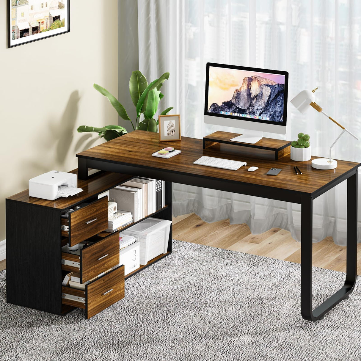 HOMBCK Home Office Computer Desk with 3 Drawers and Shelves, 55 Inch L Shaped Desk with Adjustable Shelves, Craft Table with Storage, Reversible L Shaped Desk, Modern Office Desk, Black Walnut HOMBCK