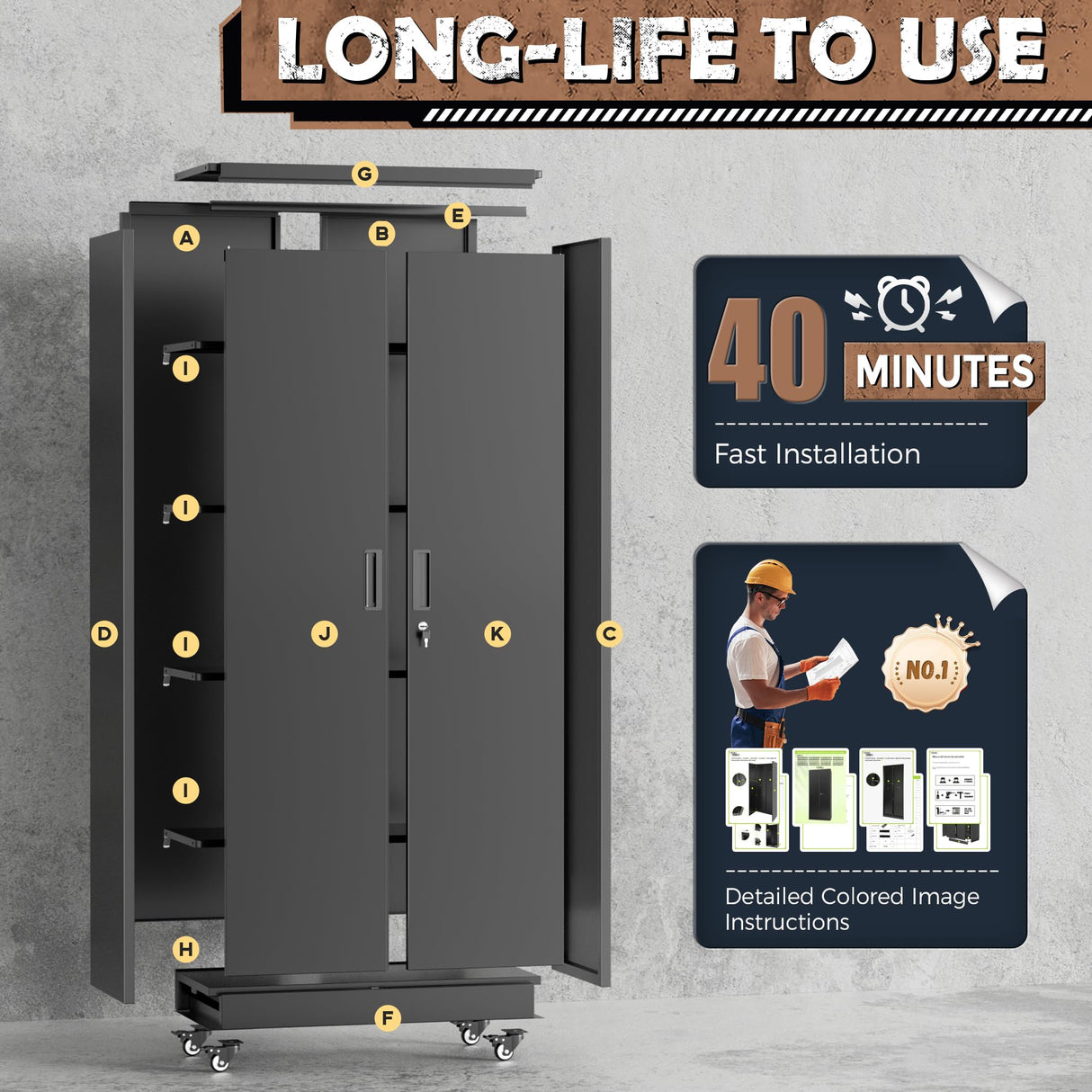 INTERGREAT Metal Garage Storage Cabinet with Wheels, Rolling Storage Cabinet with Locking Doors and 4 Adjustable Shelves,- 73" Steel Tool Cabinet for Home Office,Garage,Warehouse,Black INTERGREAT