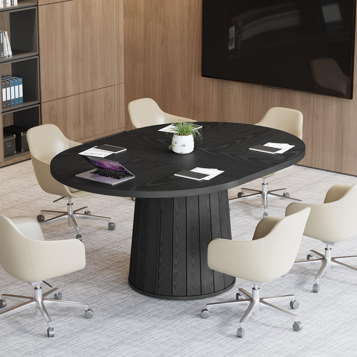 Tribesigns Oval Conference Table, 55.11 Inches Wooden Meeting Table for 6 People, Rustic Meeting Seminar Boardroom Table with Wood Base for Office Conference Room (Black) Tribesigns
