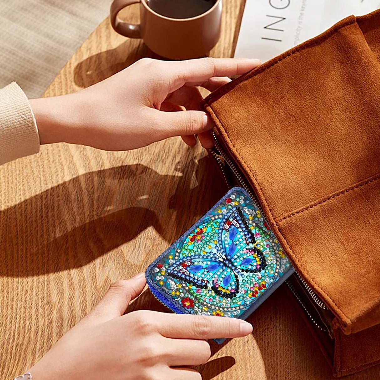yzARTche Diamond Art Painting Credit Card Wallet, RFID Blocking Gem Art Leather Zipper Card Holder Wallet for Women-02-Blue Butterfly yzARTche