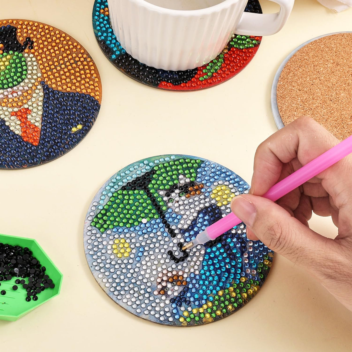 Whimsical Cat Masterpieces Diamond Art Painting Coasters Kits for Adult, 8Pcs DIY Crafts Non Slip Coaster Pads with Holder, Featuring Famous Art with Cats, Vibrant Resin Gems, Heat Resistant Drink Mat VYRANA