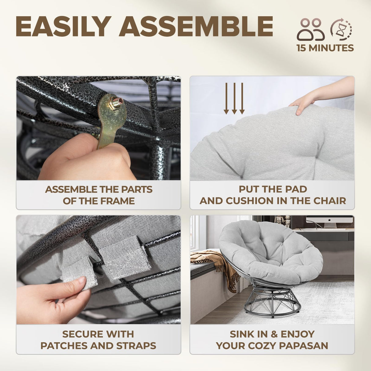 CraftVie Premium Oversized Papasan Chair with Cushion and Frame β 48'' Extra-Thick Cushion (7'' + Exclusive 1.75'' Support Pad), Supports 450 lbs β 360Β° Swivel Bedroom Chair, or Reading Chair CraftVie