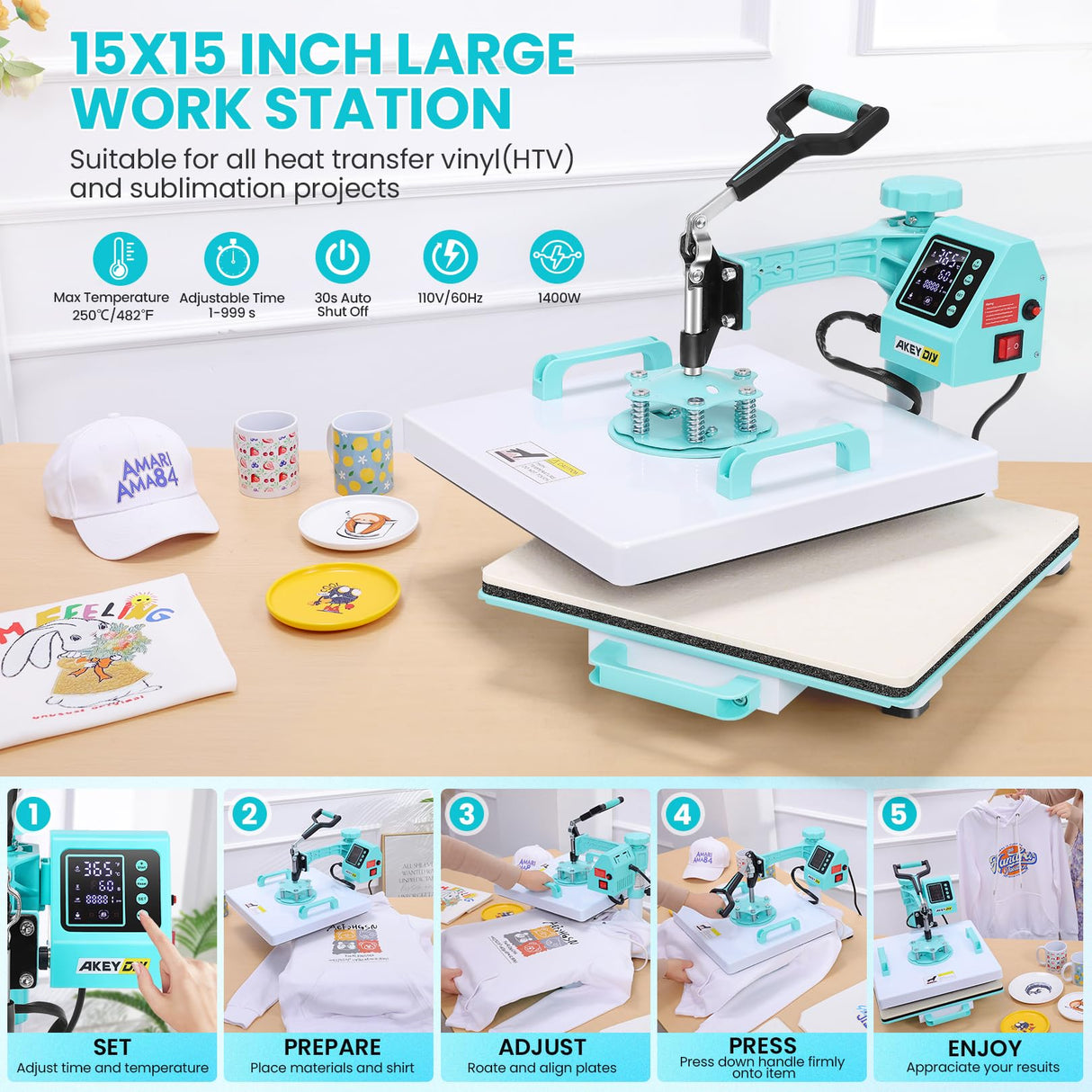 AKEYDIY Heat Press 15x15 inch 5 in 1 with 30OZ Tumbler Press, 360° Swivel Away Slide Out Digital Shirt Press Machine, Industrial Heat Transfer Machine Sublimation for T-Shirt AKEYDIY