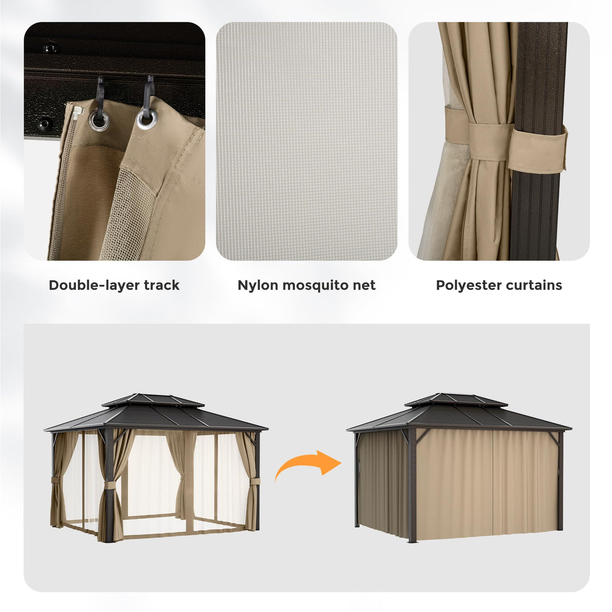 HAPPATIO 10' x 12' Hardtop Gazebo with Aluminum Frame, Outdoor Gazebo Hardtop with Galvanized Steel Double Roof for Deck, Backyard, Patio, Lawns (Brown) HAPPATIO