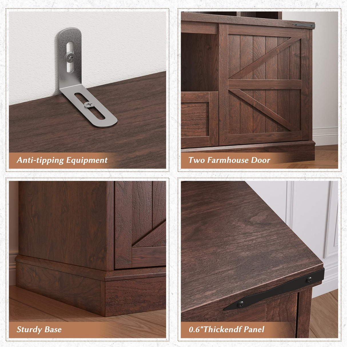 Entertainment Center with 2 LED Lights & Power Outlets, Large Farmhouse Wall Unit Entertainment Center for 60 Inch Television Stand, TV Stands for Living Room with Storage Shelf, Brown EnHomee