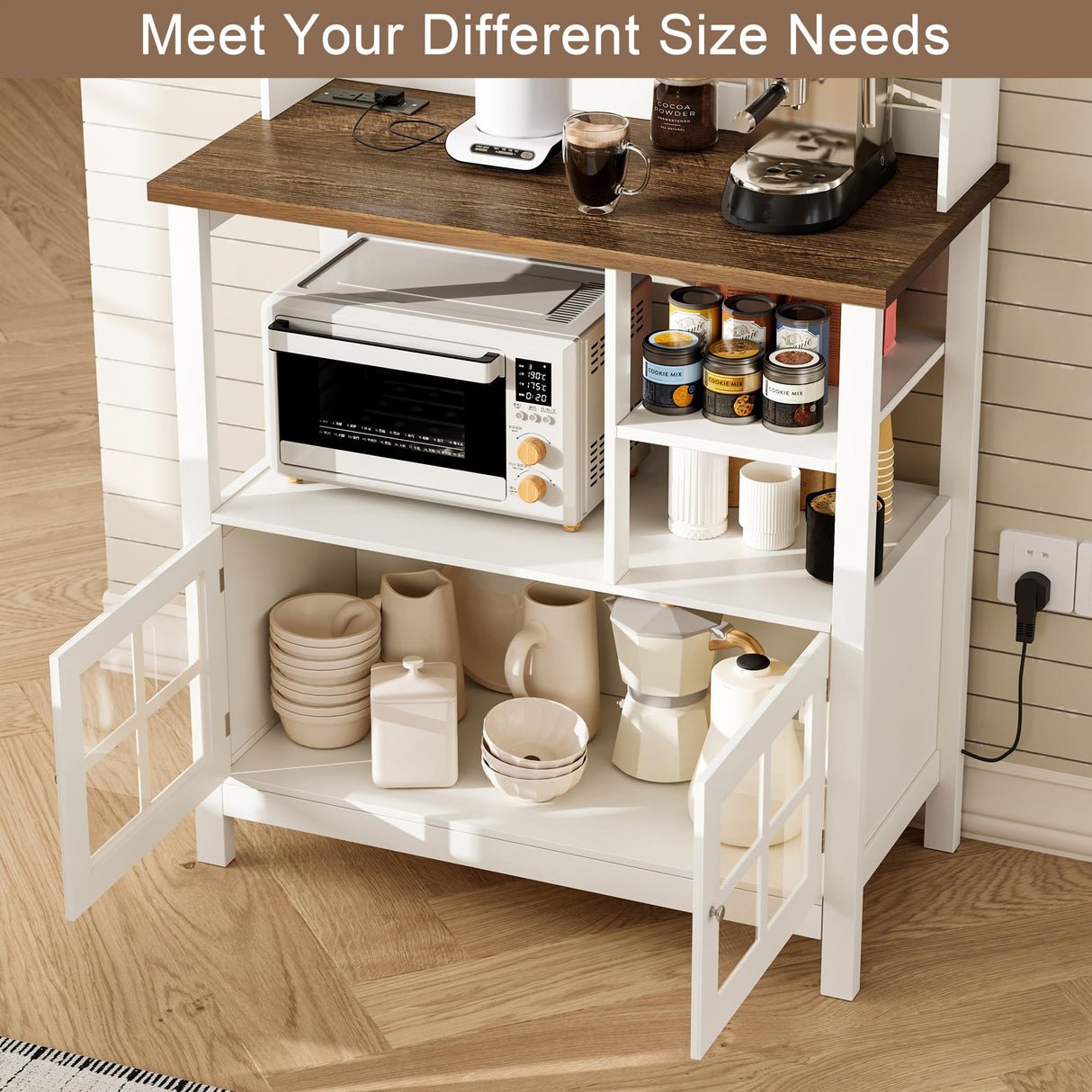 ChooChoo Farmhouse Bakers Rack with Power Outlets and Storage, Coffee Bar Cabinet with Storage, Microwave Stand Kitchen Cabinet with Hutch and 6 Hooks, Soft White & Brown ChooChoo