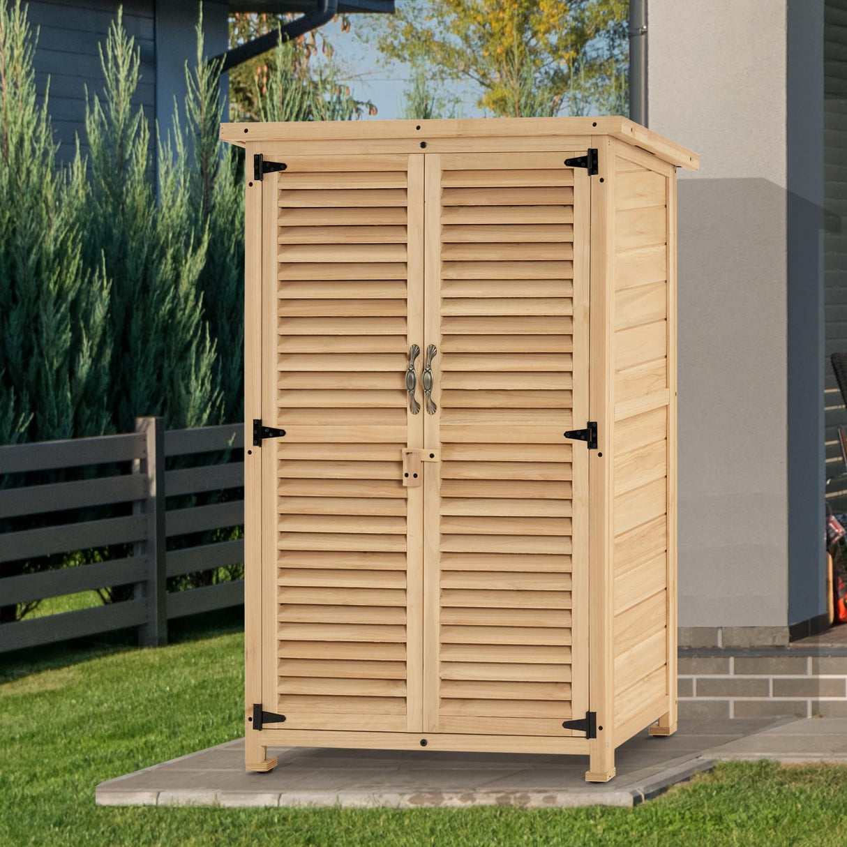 MCombo Outdoor Wooden Storage Cabinet, Garden Tool Shed with Latch, Outside Tools Wood Cabinet with Double Doors for Patio 0709 (Natural, Small) MCombo