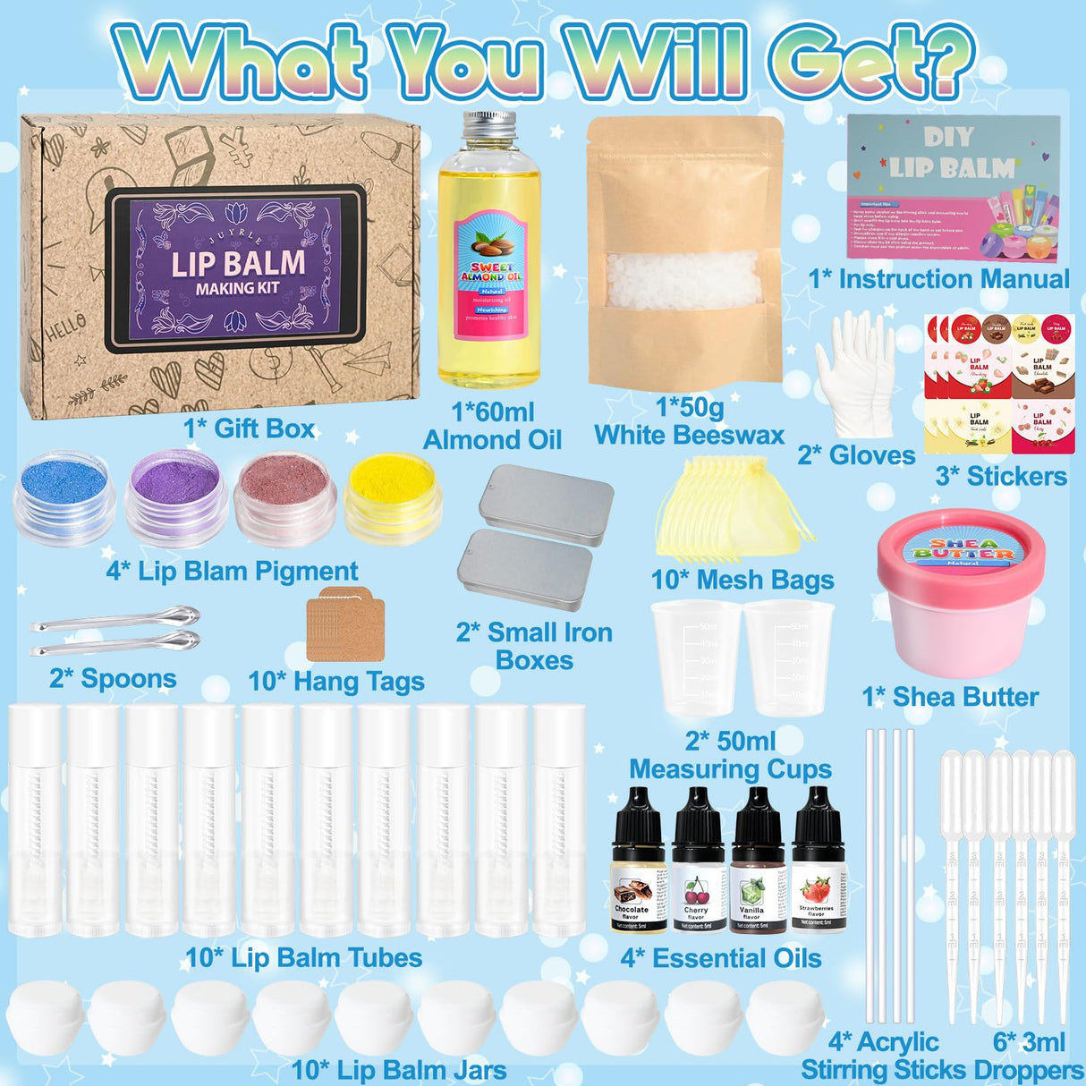 JUYRLE DIY Lip Balm Kit - Make Your Own Natural Beeswax Lip Balm with Containers, Moisturizing Base, Perfect for Kids and Adults JUYRLE