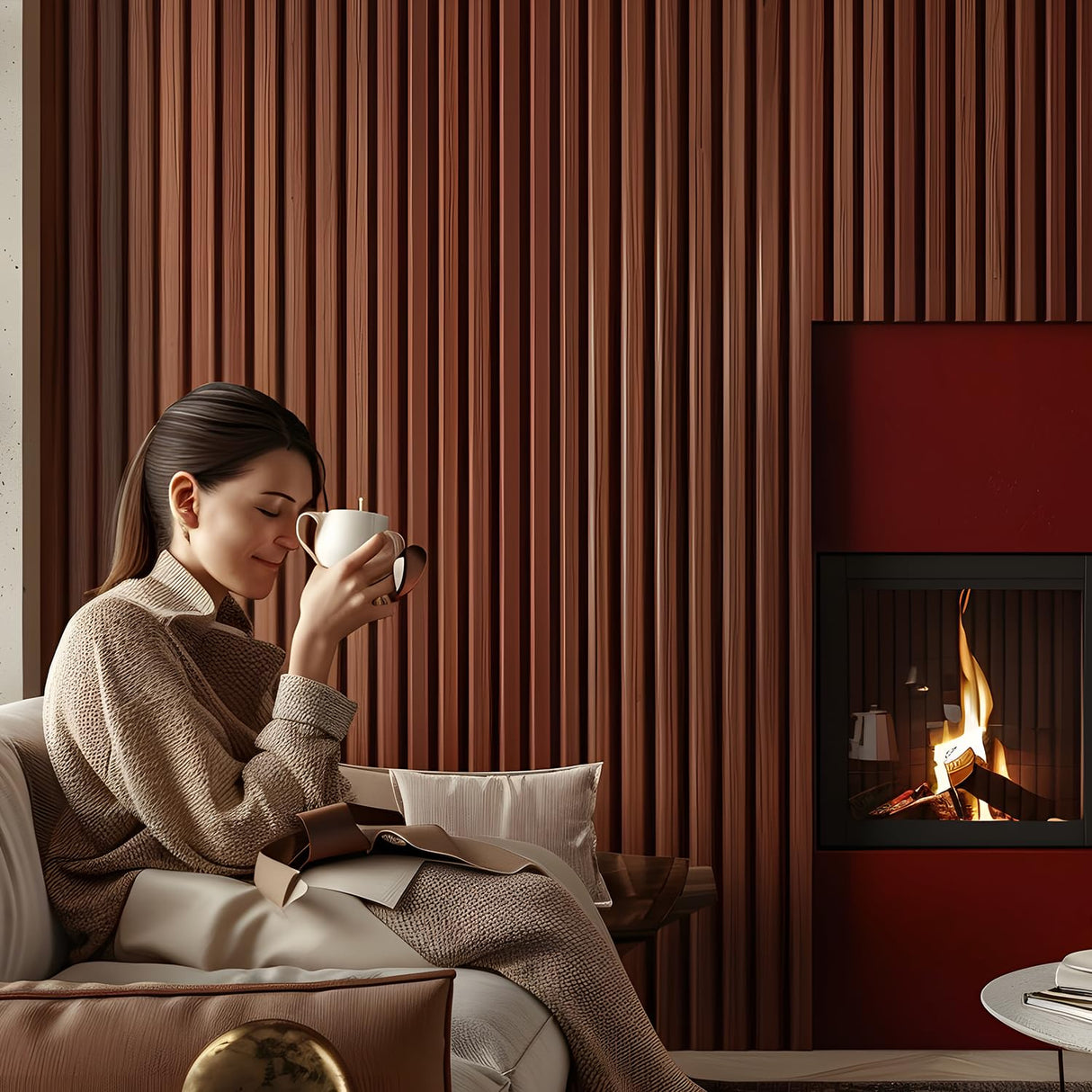 Wood Slat Panels, Interior Wall Decor Easy Installation, Soundproof Slatted Wall Panels 3D Acoustic Decoration for Office, Meeting Room, Café, Bars, Restaurant & Home, Red Brown 2 Pcs 47.2×12.5 in WoveN SounD