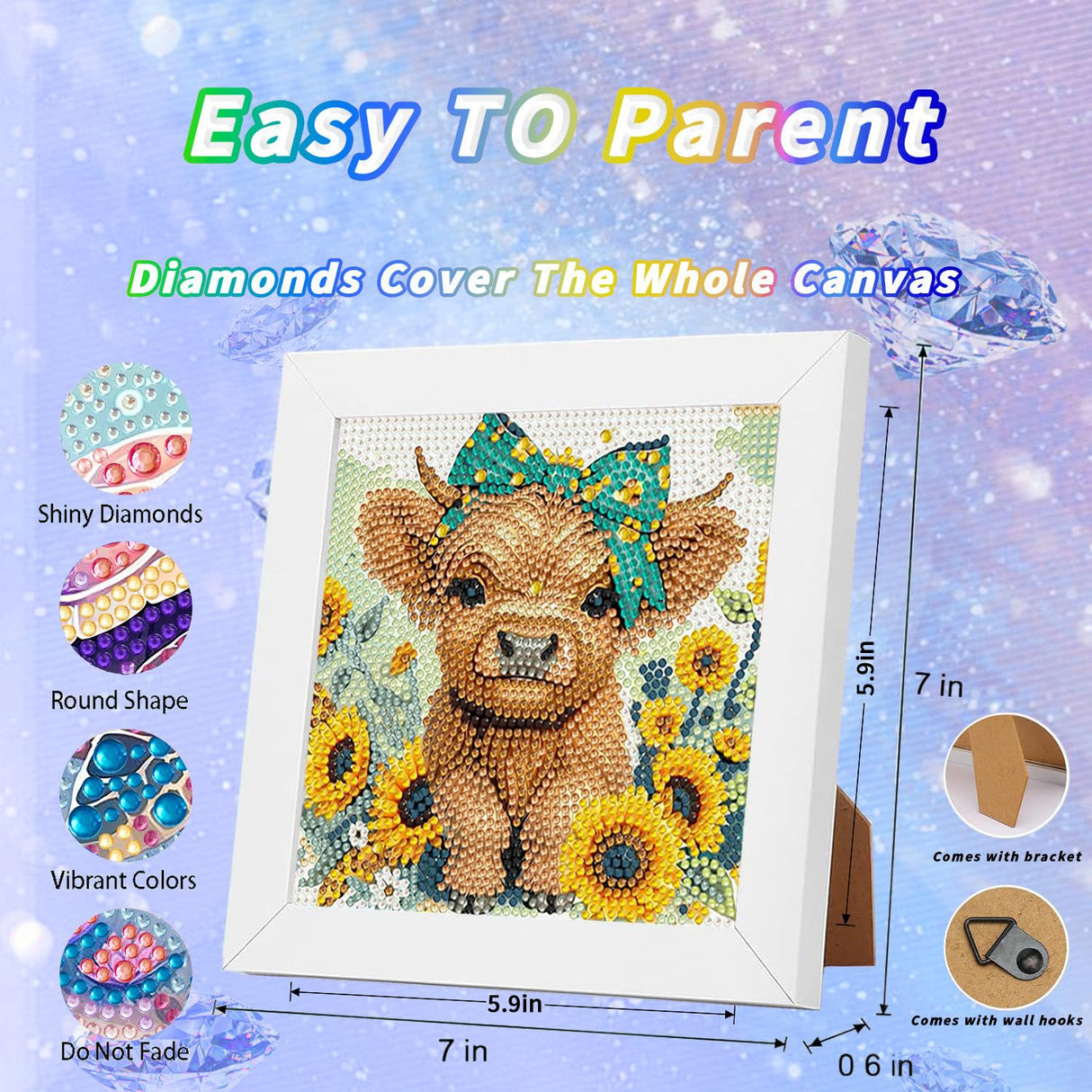 WEMEON Cow Diamond Art Painting Kits for Kids with Frame,Animal Diamond Art for Kids Ages 4-8-12,Package for Gift and Home Wall Decor(7x7inch) WEMEON